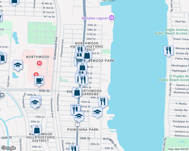 map of restaurants, bars, coffee shops, grocery stores, and more near 422 49th Street in West Palm Beach
