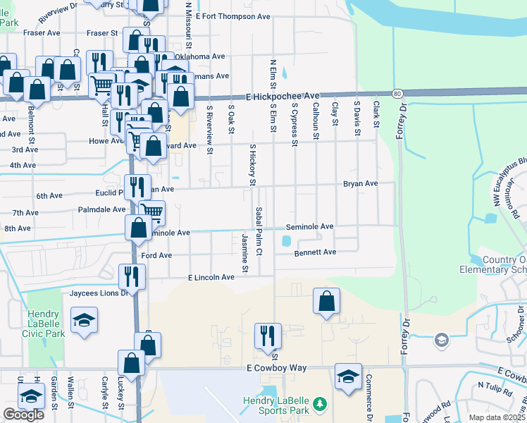 map of restaurants, bars, coffee shops, grocery stores, and more near 431 Sabal Palm Court in LaBelle