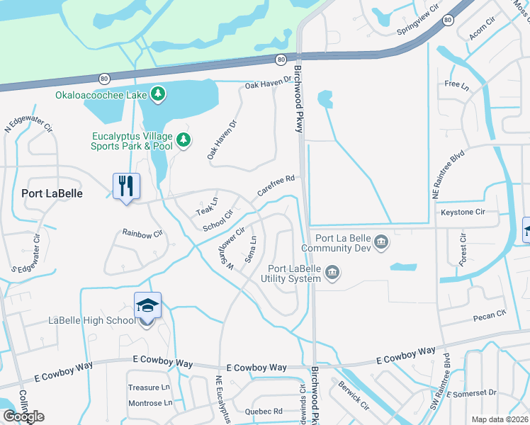 map of restaurants, bars, coffee shops, grocery stores, and more near 4007 East Sunflower Circle in LaBelle