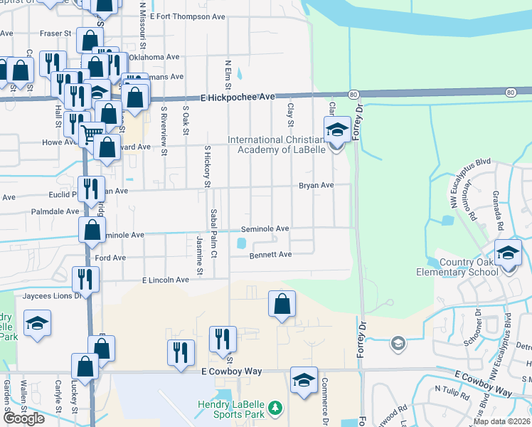 map of restaurants, bars, coffee shops, grocery stores, and more near 440 Calhoun Street in LaBelle