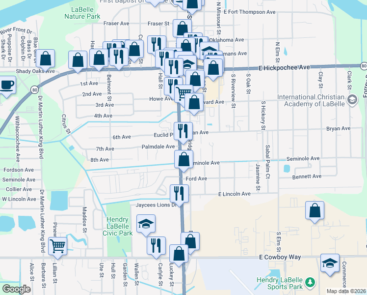 map of restaurants, bars, coffee shops, grocery stores, and more near 415 South Main Street in LaBelle