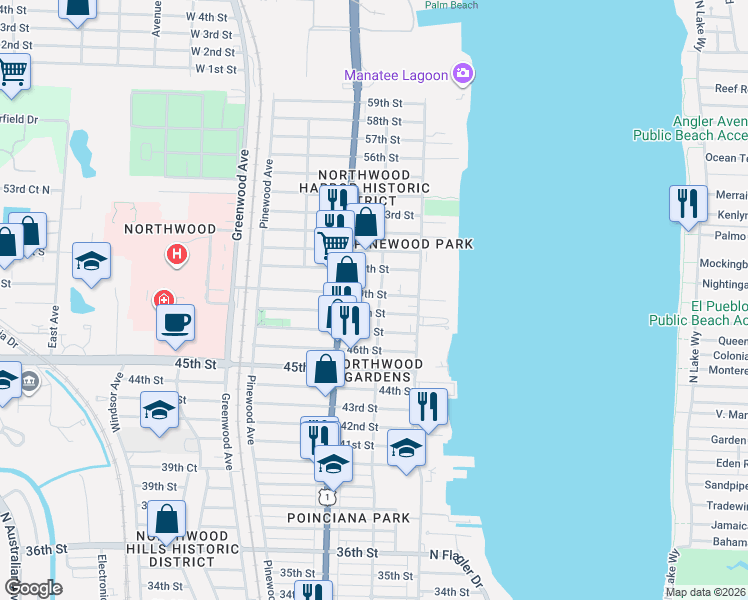 map of restaurants, bars, coffee shops, grocery stores, and more near 516 49th Street in West Palm Beach