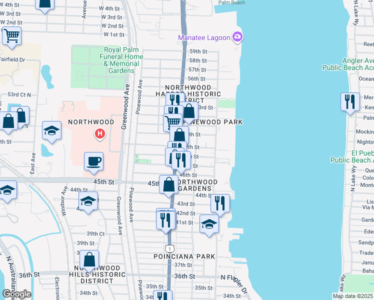map of restaurants, bars, coffee shops, grocery stores, and more near 516 49th Street in West Palm Beach