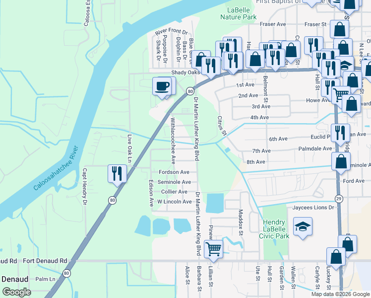 map of restaurants, bars, coffee shops, grocery stores, and more near 821 Suwanee Avenue in LaBelle