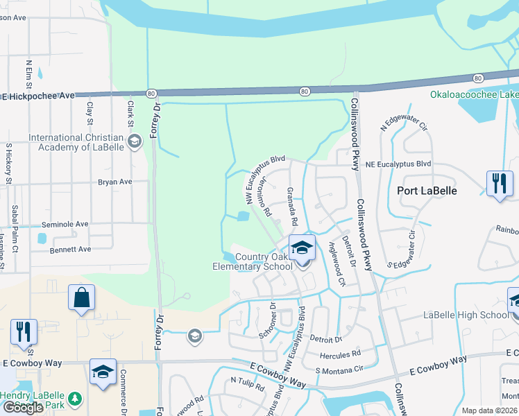 map of restaurants, bars, coffee shops, grocery stores, and more near 2031 Jeronimo Road in LaBelle