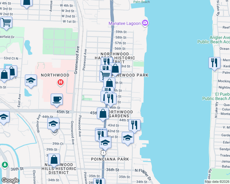 map of restaurants, bars, coffee shops, grocery stores, and more near 512 49th Street in West Palm Beach