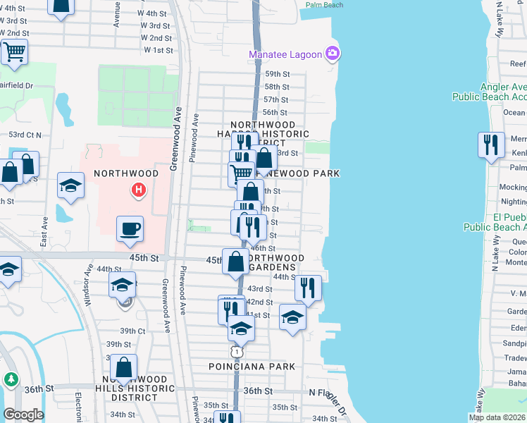 map of restaurants, bars, coffee shops, grocery stores, and more near 512 49th Street in West Palm Beach
