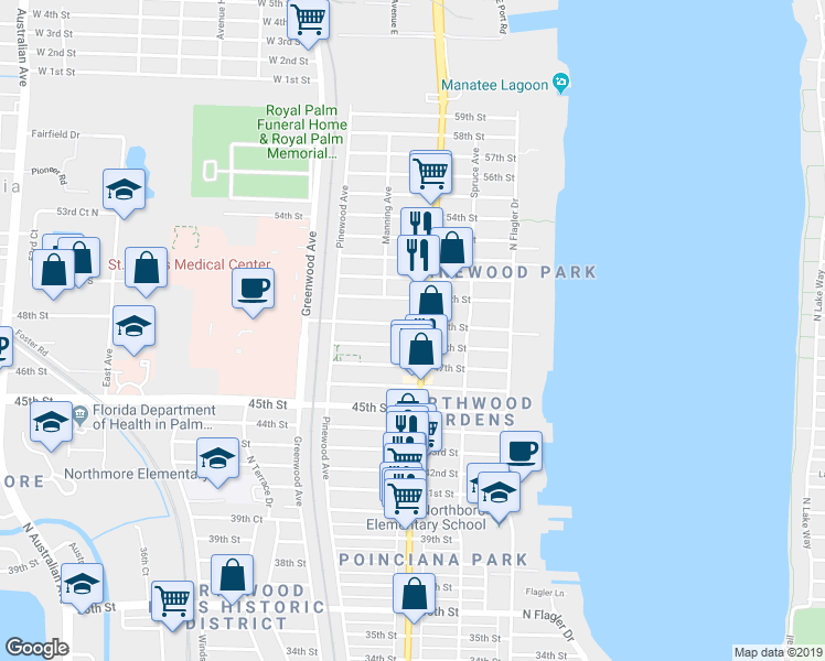 map of restaurants, bars, coffee shops, grocery stores, and more near 606 49th Street in West Palm Beach