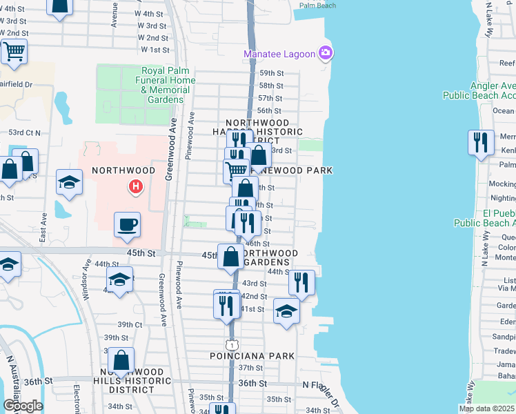 map of restaurants, bars, coffee shops, grocery stores, and more near 516 49th Street in West Palm Beach