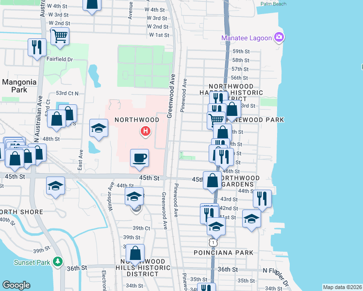 map of restaurants, bars, coffee shops, grocery stores, and more near 4910 Pinewood Avenue in West Palm Beach