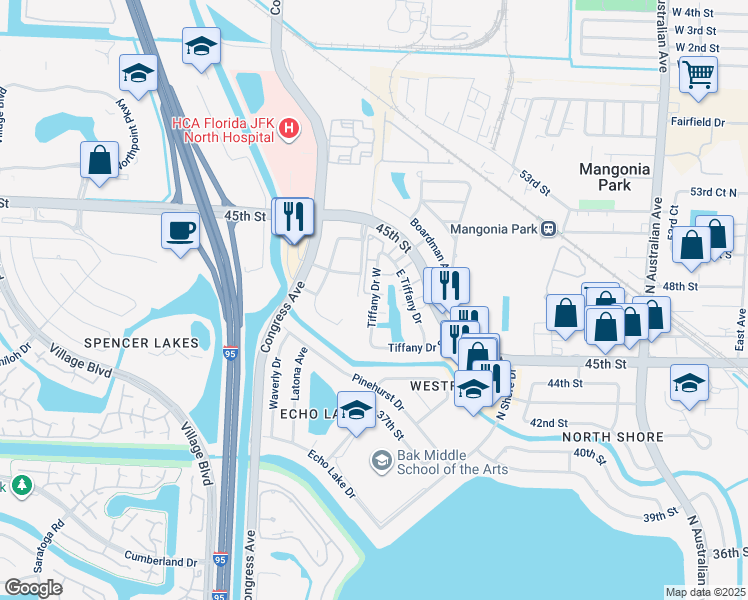 map of restaurants, bars, coffee shops, grocery stores, and more near 807 Tiffany Drive West in West Palm Beach