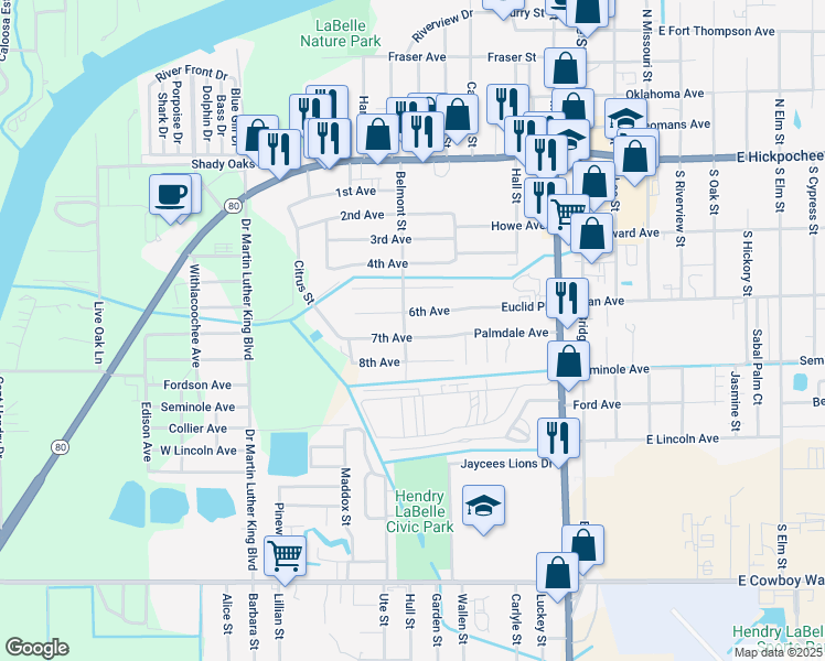 map of restaurants, bars, coffee shops, grocery stores, and more near 403 Belmont Street in LaBelle