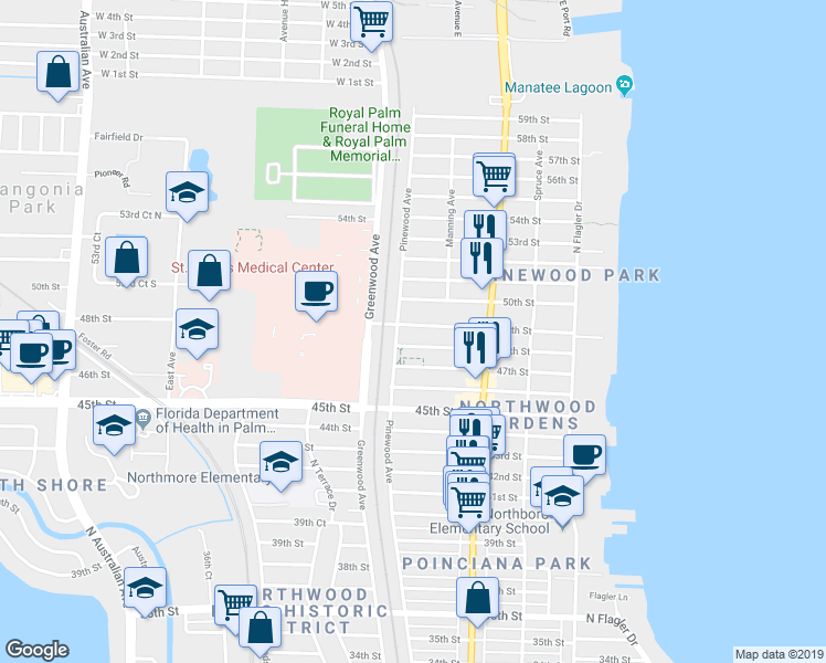 map of restaurants, bars, coffee shops, grocery stores, and more near 726 49th Street in West Palm Beach