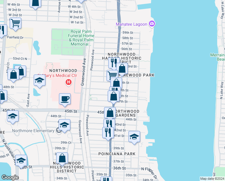 map of restaurants, bars, coffee shops, grocery stores, and more near 606 49th Street in West Palm Beach