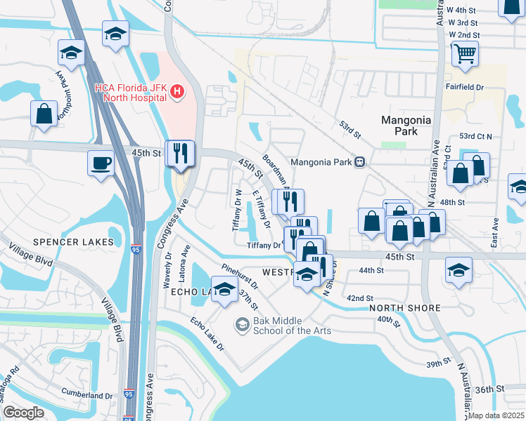 map of restaurants, bars, coffee shops, grocery stores, and more near 1755 Jeffery Avenue in West Palm Beach