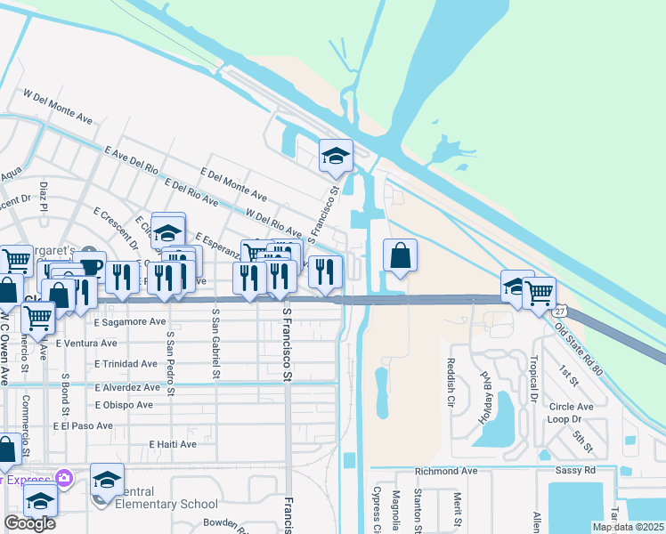 map of restaurants, bars, coffee shops, grocery stores, and more near 825 Concordia Avenue in Clewiston