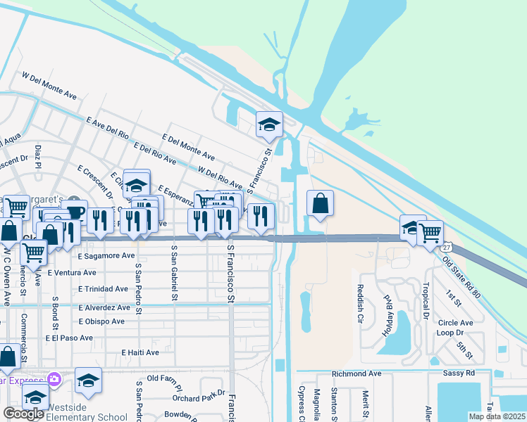 map of restaurants, bars, coffee shops, grocery stores, and more near 825 Concordia Avenue in Clewiston