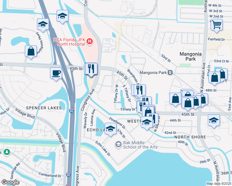 map of restaurants, bars, coffee shops, grocery stores, and more near 817 Tiffany Drive East in West Palm Beach
