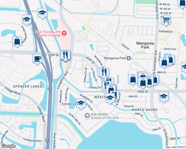 map of restaurants, bars, coffee shops, grocery stores, and more near 205 Tiffany Drive East in West Palm Beach