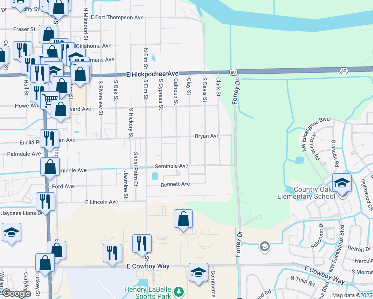 map of restaurants, bars, coffee shops, grocery stores, and more near 400 Clay Street in LaBelle
