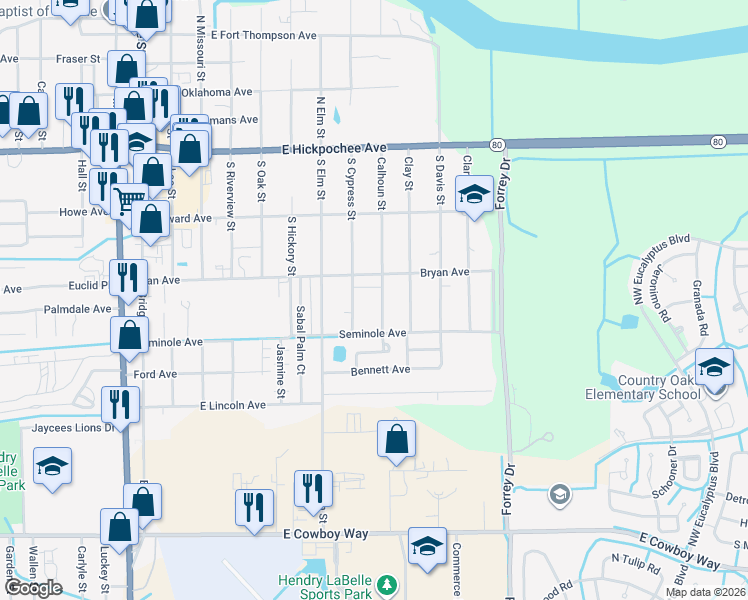 map of restaurants, bars, coffee shops, grocery stores, and more near 440 Calhoun Street in LaBelle
