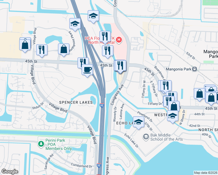 map of restaurants, bars, coffee shops, grocery stores, and more near 45th Street in West Palm Beach