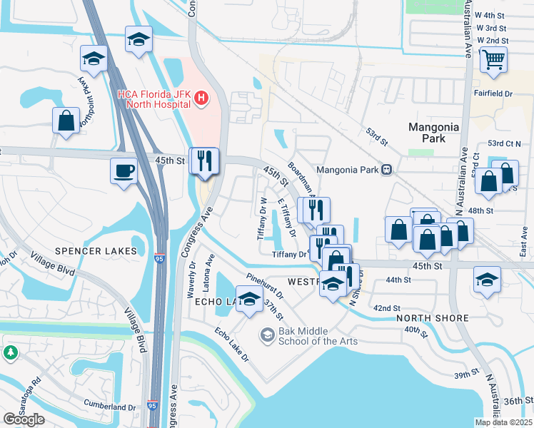map of restaurants, bars, coffee shops, grocery stores, and more near 801 Tiffany Dr W in West Palm Beach