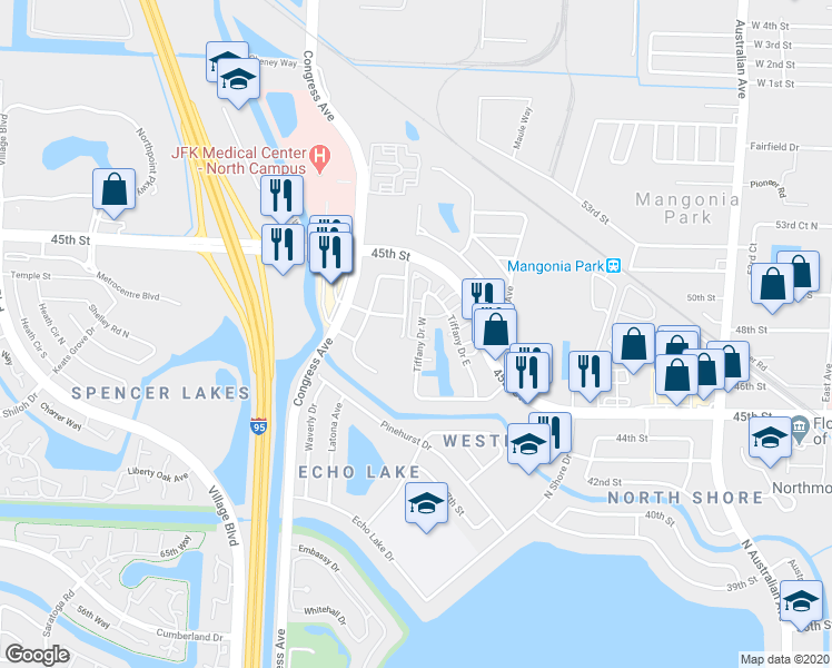 map of restaurants, bars, coffee shops, grocery stores, and more near 817 Tiffany Drive East in West Palm Beach