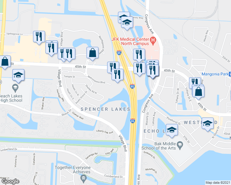 map of restaurants, bars, coffee shops, grocery stores, and more near 2410 Metrocentre Boulevard in West Palm Beach