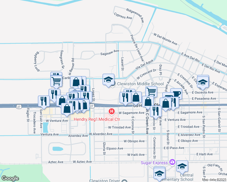 map of restaurants, bars, coffee shops, grocery stores, and more near 601 West Pasadena Avenue in Clewiston