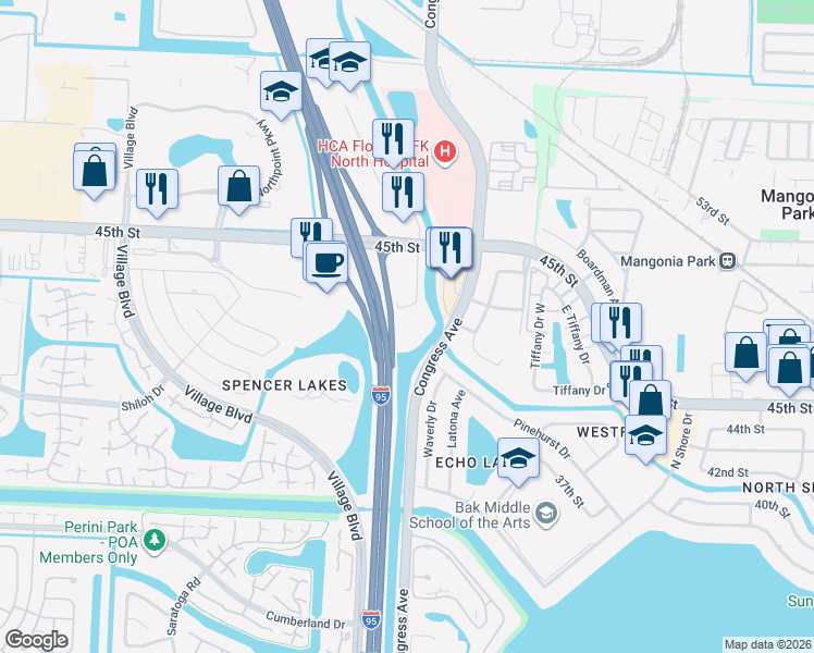 map of restaurants, bars, coffee shops, grocery stores, and more near 45th Street in West Palm Beach