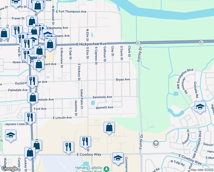 map of restaurants, bars, coffee shops, grocery stores, and more near 385 Calhoun Street in LaBelle