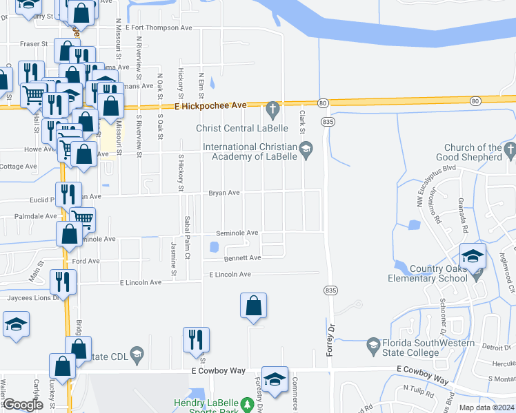 map of restaurants, bars, coffee shops, grocery stores, and more near 380 Clay Street in LaBelle