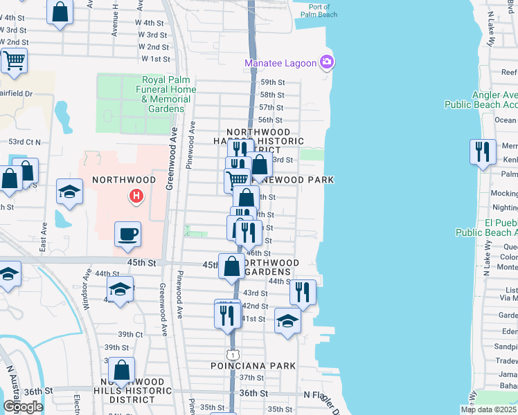 map of restaurants, bars, coffee shops, grocery stores, and more near 516 49th Street in West Palm Beach