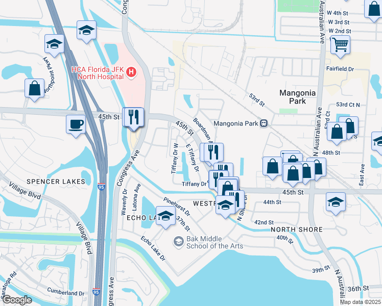 map of restaurants, bars, coffee shops, grocery stores, and more near 1755 Jeffery Avenue in West Palm Beach