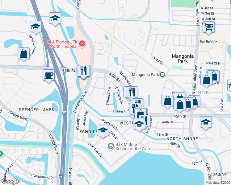 map of restaurants, bars, coffee shops, grocery stores, and more near 817 Tiffany Drive East in West Palm Beach