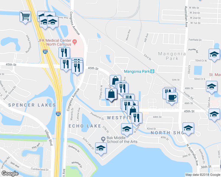 map of restaurants, bars, coffee shops, grocery stores, and more near 440 Tiffany Drive East in West Palm Beach