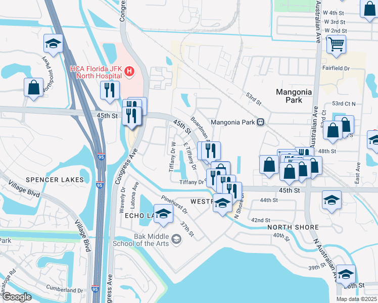 map of restaurants, bars, coffee shops, grocery stores, and more near 440 Tiffany Drive East in West Palm Beach