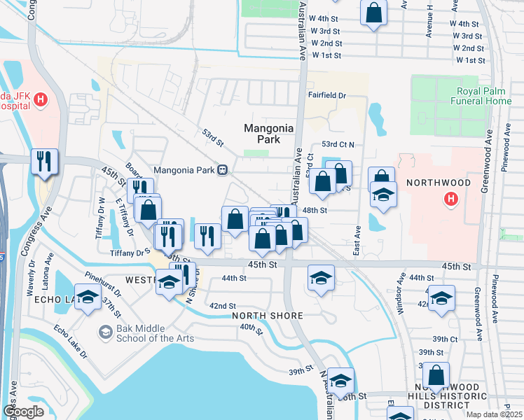 map of restaurants, bars, coffee shops, grocery stores, and more near 4711 North Australian Avenue in West Palm Beach