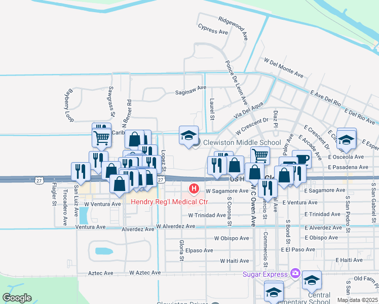 map of restaurants, bars, coffee shops, grocery stores, and more near 601 West Pasadena Avenue in Clewiston