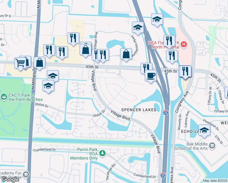 map of restaurants, bars, coffee shops, grocery stores, and more near 4108 Shelley Road North in West Palm Beach