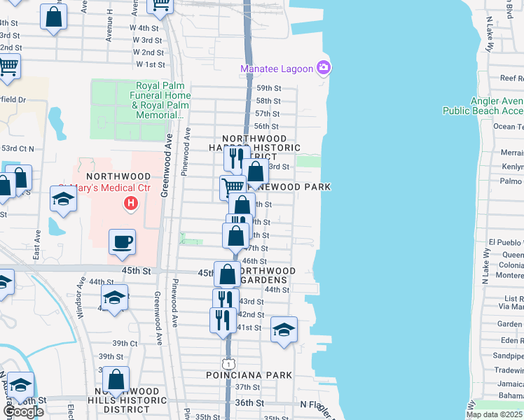 map of restaurants, bars, coffee shops, grocery stores, and more near 523 50th Street in West Palm Beach