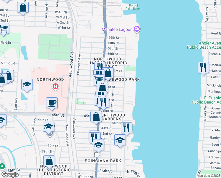 map of restaurants, bars, coffee shops, grocery stores, and more near 523 50th Street in West Palm Beach