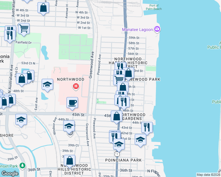 map of restaurants, bars, coffee shops, grocery stores, and more near 642 50th Street in West Palm Beach
