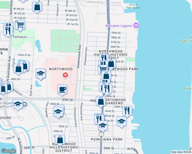 map of restaurants, bars, coffee shops, grocery stores, and more near 638 50th Street in West Palm Beach