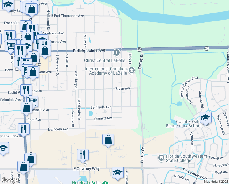 map of restaurants, bars, coffee shops, grocery stores, and more near 365 Clay Street in LaBelle
