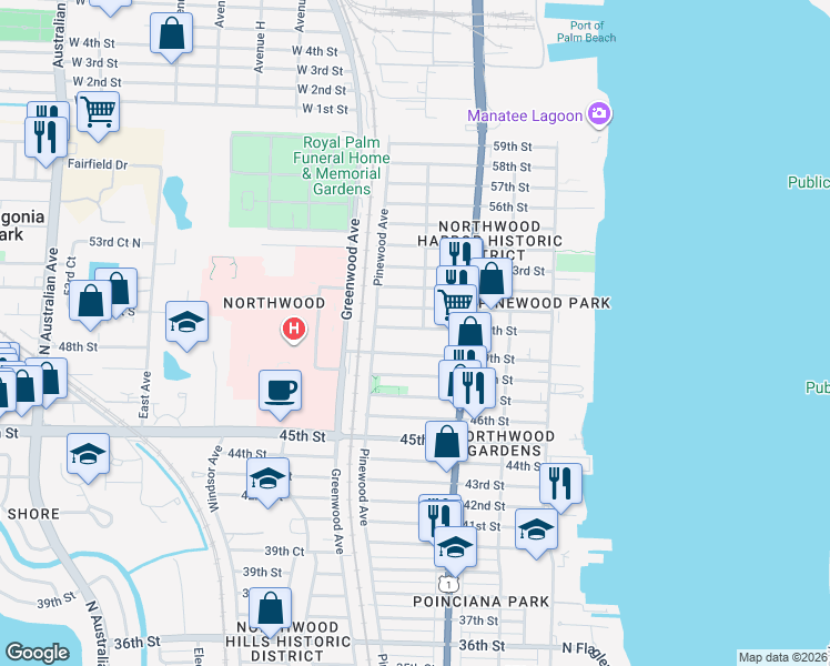 map of restaurants, bars, coffee shops, grocery stores, and more near 711 50th Street in West Palm Beach