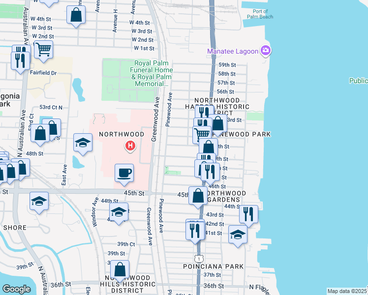 map of restaurants, bars, coffee shops, grocery stores, and more near 711 50th Street in West Palm Beach
