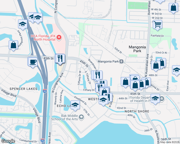 map of restaurants, bars, coffee shops, grocery stores, and more near 719 Tiffany Drive West in West Palm Beach