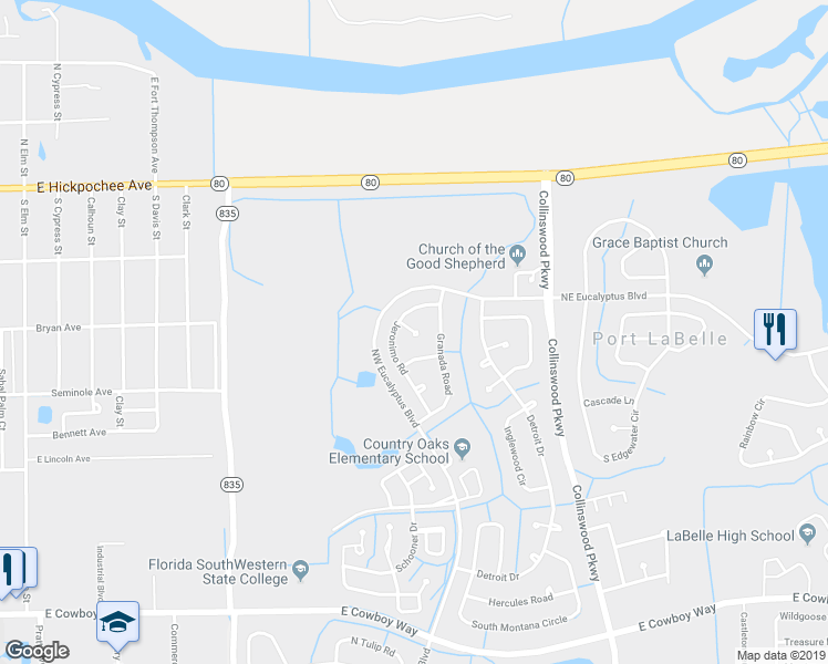 map of restaurants, bars, coffee shops, grocery stores, and more near Bali Court in LaBelle